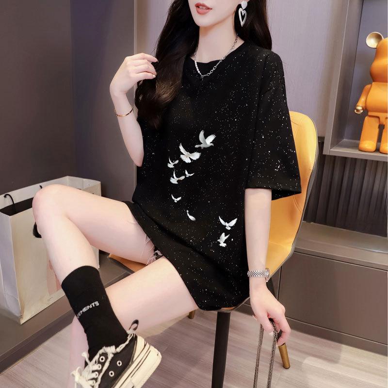Summer New Women's Feeling Full of Stars Short-sleeved Loose Round Neck Medium-length T-shirt