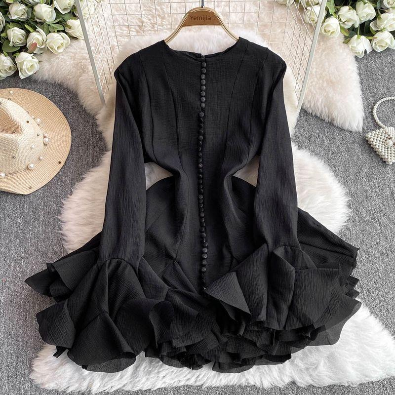 

Vietnam Niche Style Long Sleeves Silm Waist Slimming Sweet Lotus Leaf Dress Women s Autumn Fancy Holiday Short Dress Black All yards