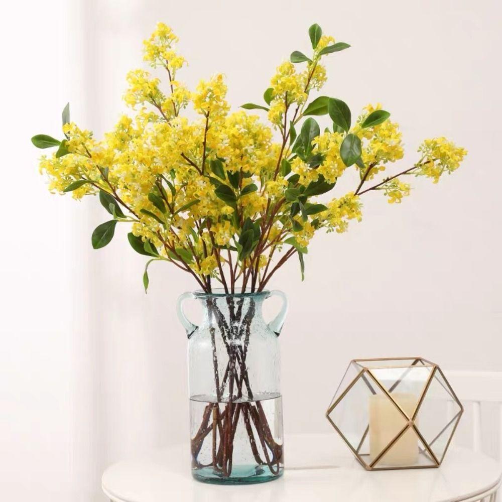 

Plastic Simulation Fragrans DIY Fake Flower Artificial Osmanthus Branches Home Office Decor white-with leaves