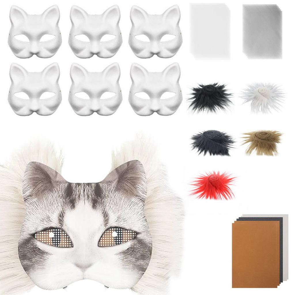Lustiges Therianer Masken-Set Katzen Füchse Maske mit Fellen Augennetzen DIY Pelzige Tiermaske zum Bemalen für Halloween Cosplay Party