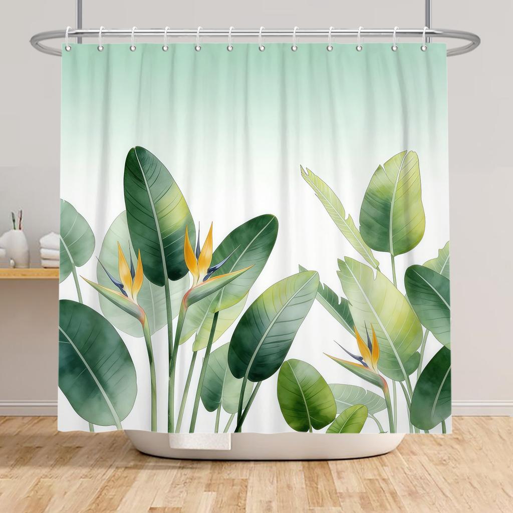 Badezimmer-Duschvorhang mit tropischem Pflanzenmotiv Grüne Blätter Lila Blumen Dekoration Wasserdichter Badezimmervorhang mit Haken