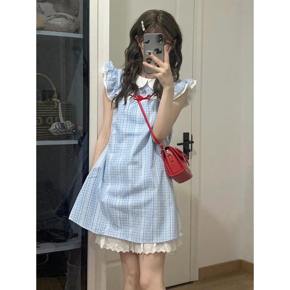 Super Fire College Style Sub-patchwork Dress Women's Summer Dress Casual Small Fly Sleeve Blue Lace A-line Skirt