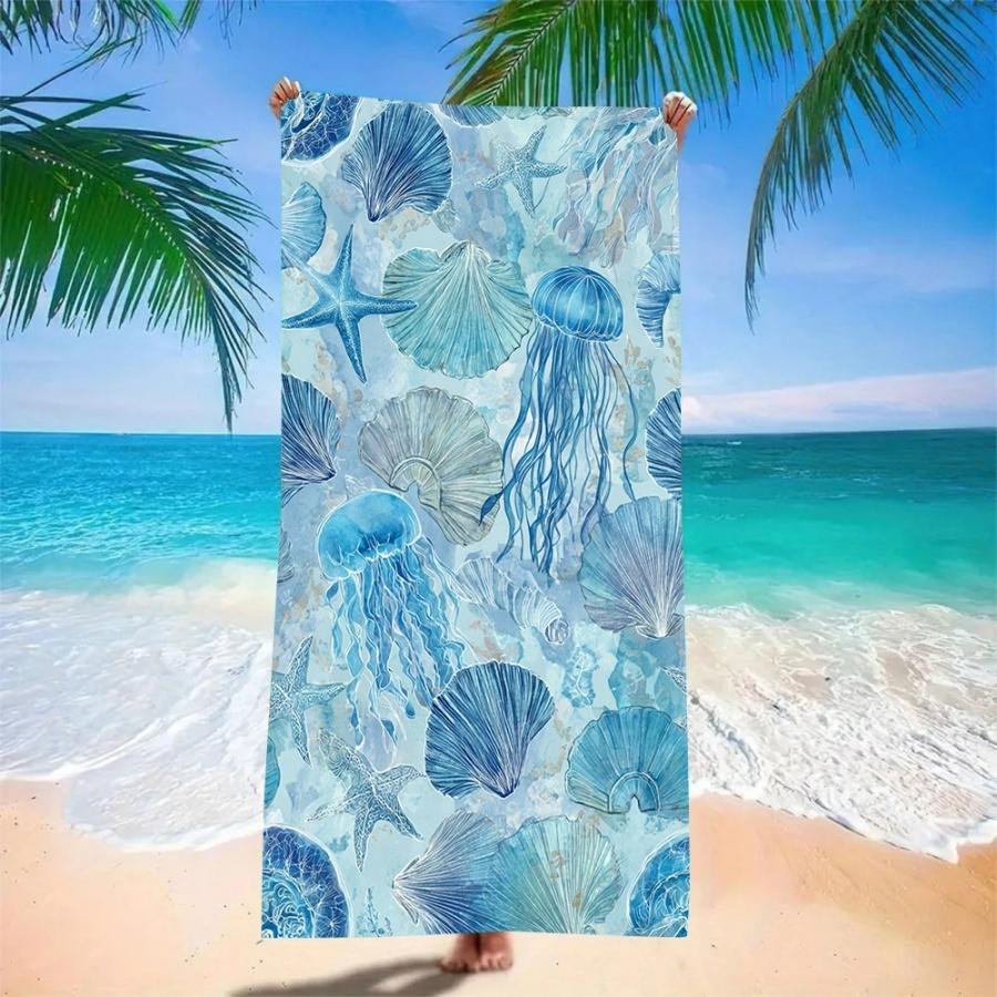 Beach Towel Oversized Sand Free Quick Dry Microfiber Seashell Starfish Ocean Print Towels for Adults Pool Swim Camping Travel