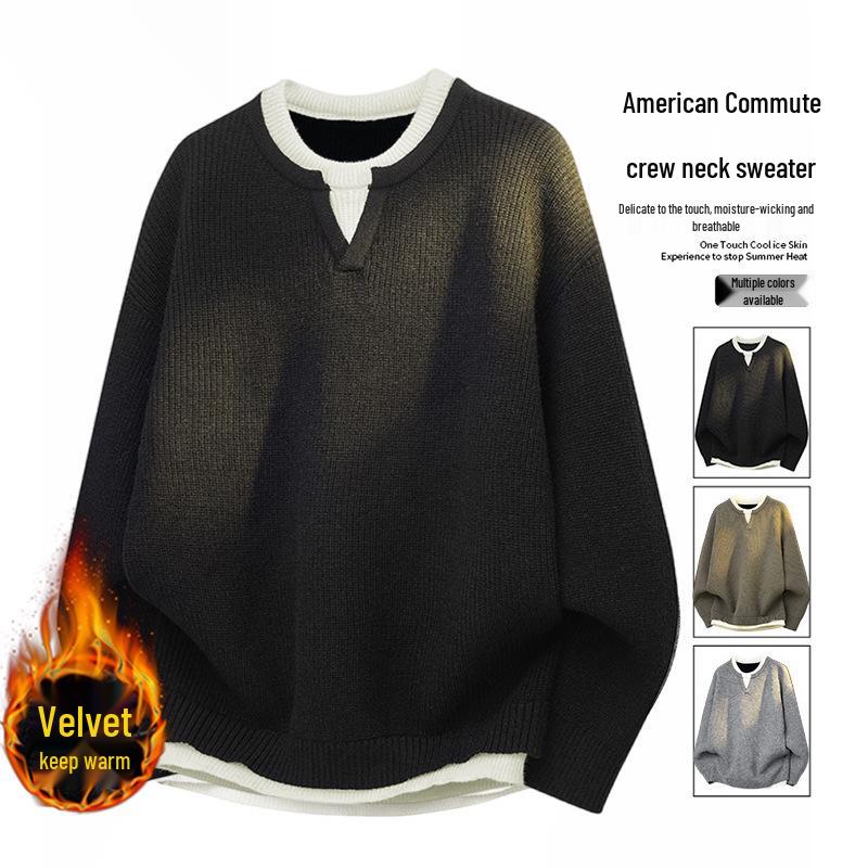 

Men s American Style Plus Velvet Two-Piece Look Round Neck Sweater: Autumn/Winter Lazy Fit, Trendy, Warm Knitwear 2XL