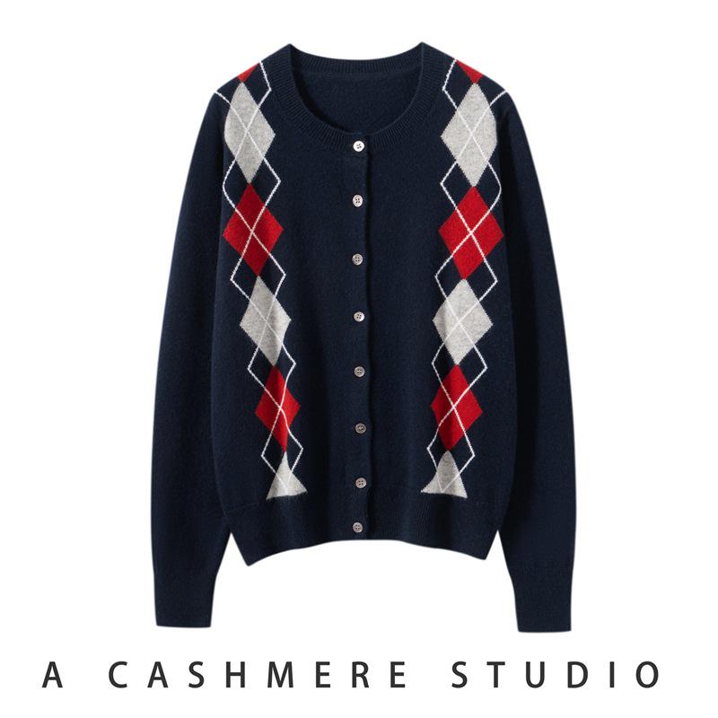 Autumn 2025 Women's Fashion Diamond Check Cashmere Cardigan