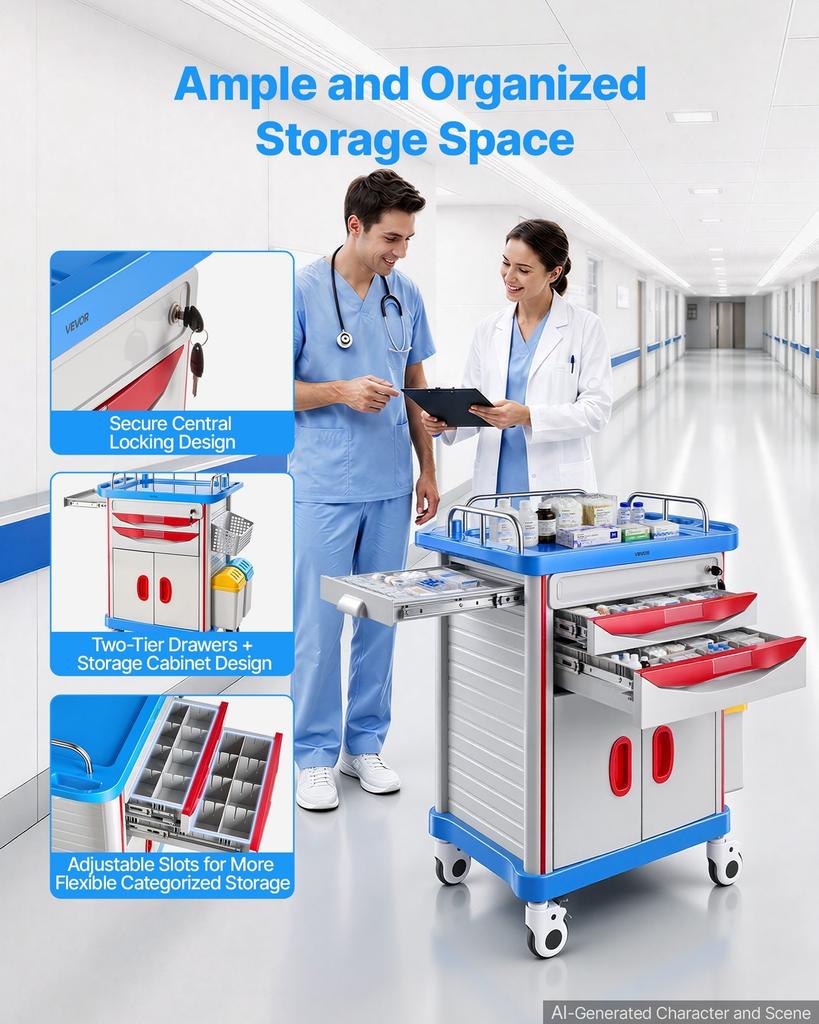 Medical Cart 110 kg Max Load Medical Trolley Cart with Cabinet, for Hospital, Clinic, Laboratory, Stable Support, with 2 Drawers, Silent Rolling