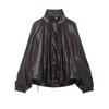 Womens Fashion Stand Collar Loose Faux Leather Biker Jacket Coffee Color Long Sleeve