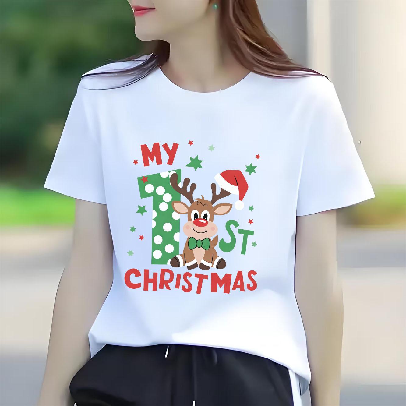 

Christmas reindeer cartoon print Womens short sleeved holiday Tshirt summer round neck suitable for daily versatility S