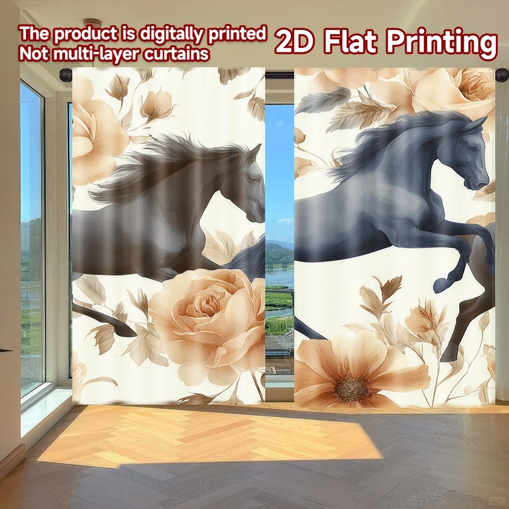 

Set Of 2 Flat Printing Curtains Without Rod Floral Horses Design Women Is Day Holiday Digital Semi Curtain With Light Filtering Polyester W100*H70(CM)-Rod Pocket&1PCS