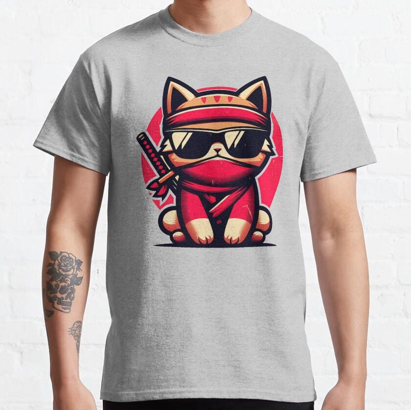 Cute Ninja Cat with Samurai from Japanese cat assassin for cat lover100 cotton catzilla printed TShirt for men plus size tee