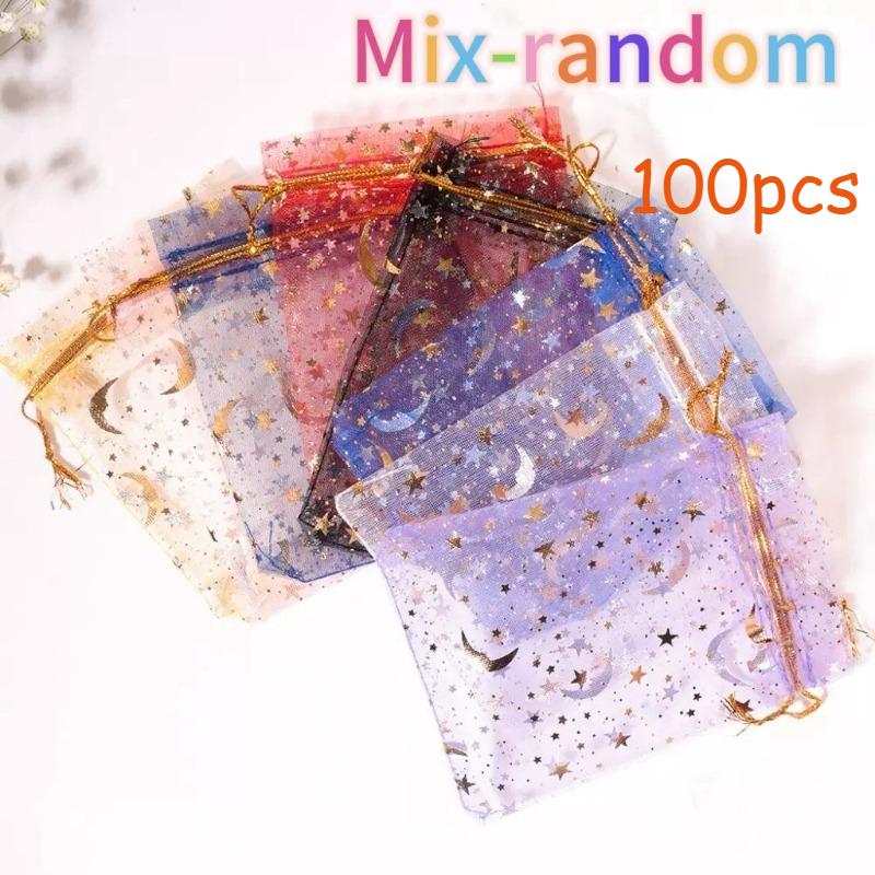 50-200pcs Moon Stars Drawstring Organza Bags Jewelry Gift Bags Pouches Gold Star Organza Favor Pouches for Christmas Wedding