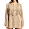Women's Color Tassel Lapel Collar Long Sleeve Loose Fit Mid-Length Tunic Top