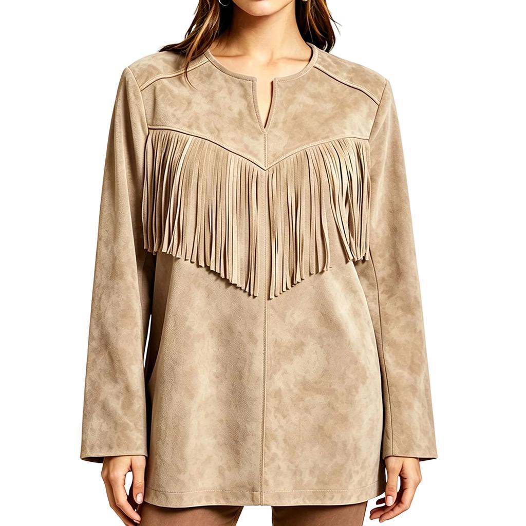 Women's Color Tassel Lapel Collar Long Sleeve Loose Fit Mid-Length Tunic Top