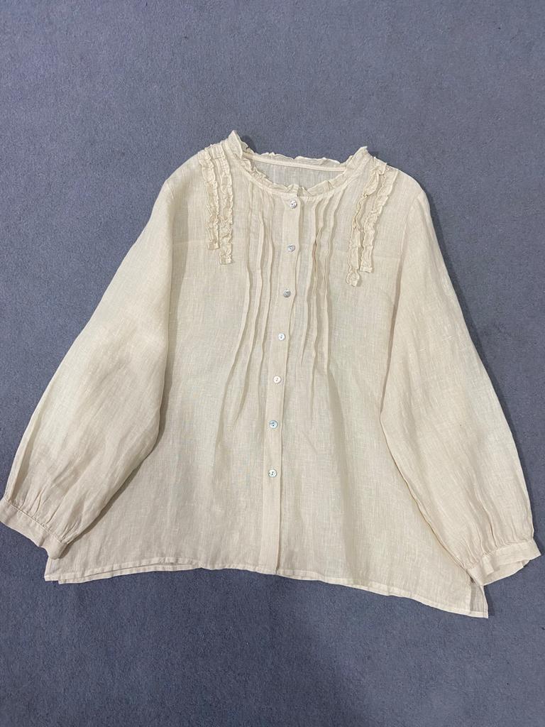 Johnature Crewneck Shirt Loose Top Women Autumn Vintage Ruffles Loose All Match Full Sleeve Female Blouses