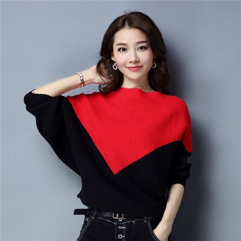 

Women Sleeve Loose Autumn Winter Women Sweater Knit Fashion Female New Arrival Patchwork Pullover One size червоний