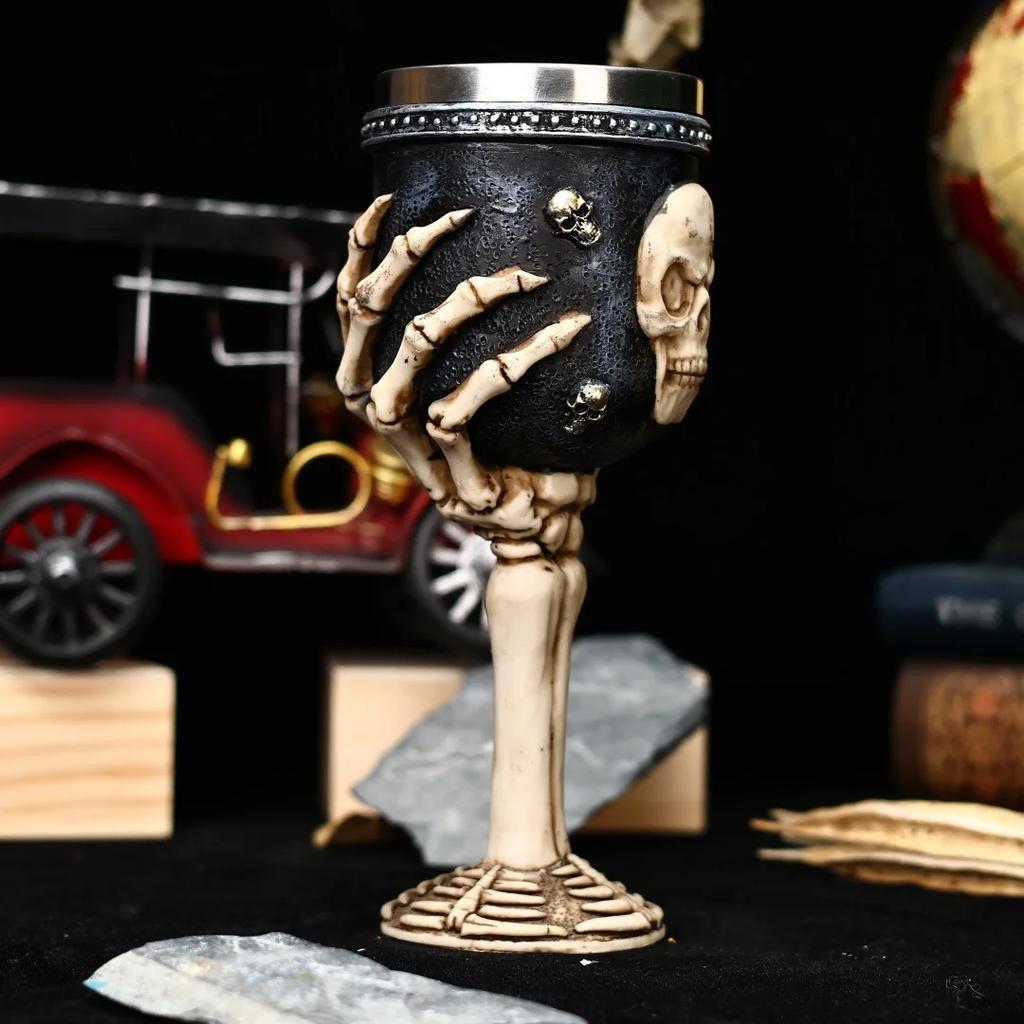 New Halloween Skull Retro Goblet 3D Relief Gothic Style Stainless Steel Liner Cocktail Red Wine Glass Personalized Gift