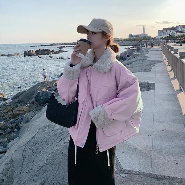 WTEMPO Winter Large Size Warm Woolen Women's Cotton-padded Jackets Solid Color Casual Loose Thickened Short Cotton Parkas