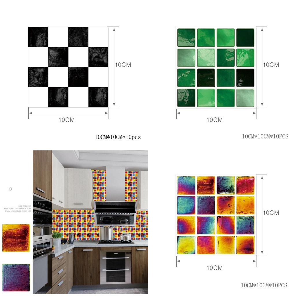 Vibrant 10pc Kitchen Tile Stickers With Mosaic Pattern Self-adhesive Wall Decor