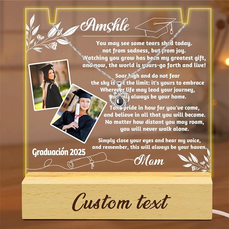Personalized Graduation Lamp Custom Photo Name Projection Necklace Funny Graduation Gift for Daughter Son Students Graduates Classmates High School