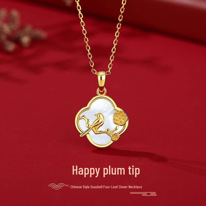 Ticia S925 Sterling Silver Joyful Eyebrows Necklace - Retro Chinese Style Shell Four-Leaf Clover Clavicle Chain for Women.