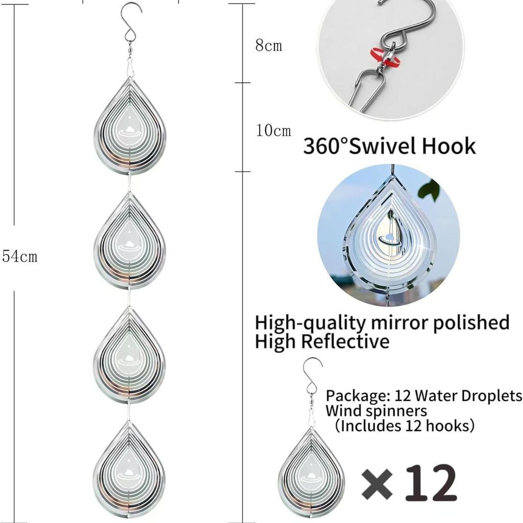 10cm Water Drop Rotating Wind Chime: Creative 3D Metal Wind Spinner & Bird Repellent