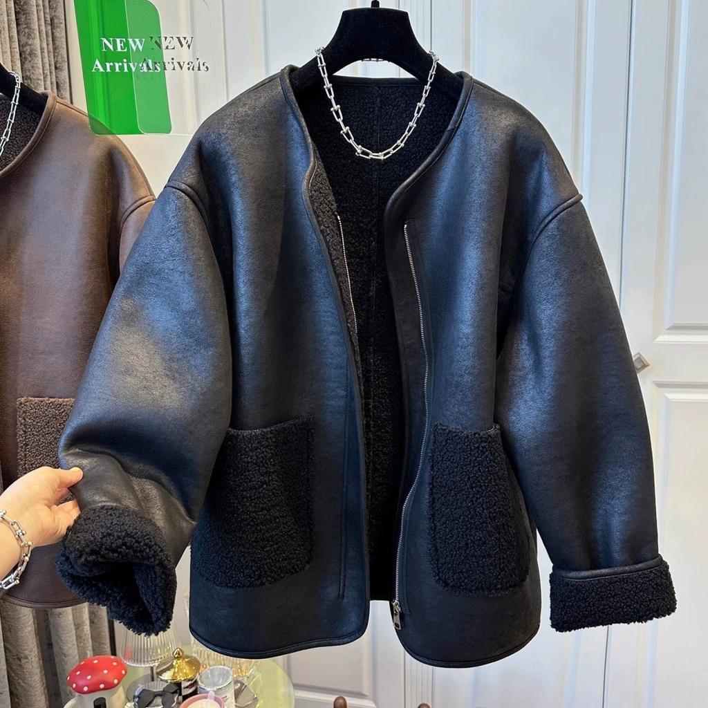 Women's Loose Plus Size Leather Jacket   Zipper Fur Stitching One Round Neck Coat Autumn Winter   Leather Overcoat