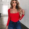 European and American Slim Fit Square Collar Long Sleeve Casual Women's T-Shirt