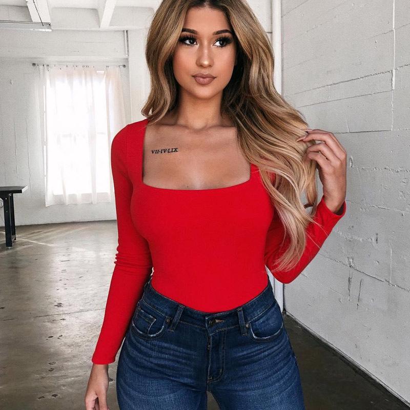 European and American Slim Fit Square Collar Long Sleeve Casual Women's T-Shirt