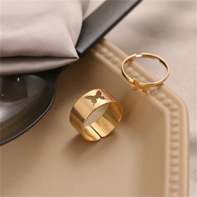 Hip Hop Rock Gold Color Chain Rings Set Girls Punk Geometric Sleek Minimalist Finger Rings Women Trend Jewelry Accessories Celebration Party Event