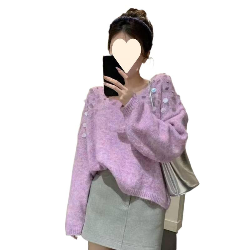 Women's 2025 Autumn/Winter Purple Sequin Knit Sweater - Relaxed, Soft, and Stylish