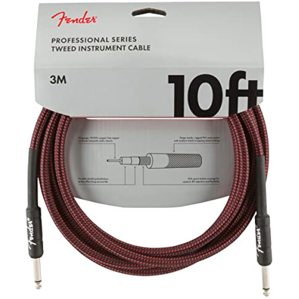 Fender Shielded Cable Professional Series Instrument Cables, 10', Red Tweed