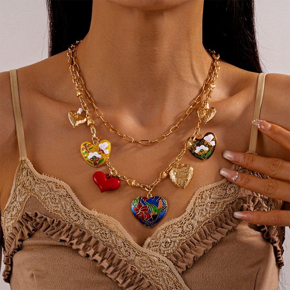 Tropfendes Öl Großes Herz Anhänger Halskette Blume Schlüsselbeinkette Doppellagige Halskette Party