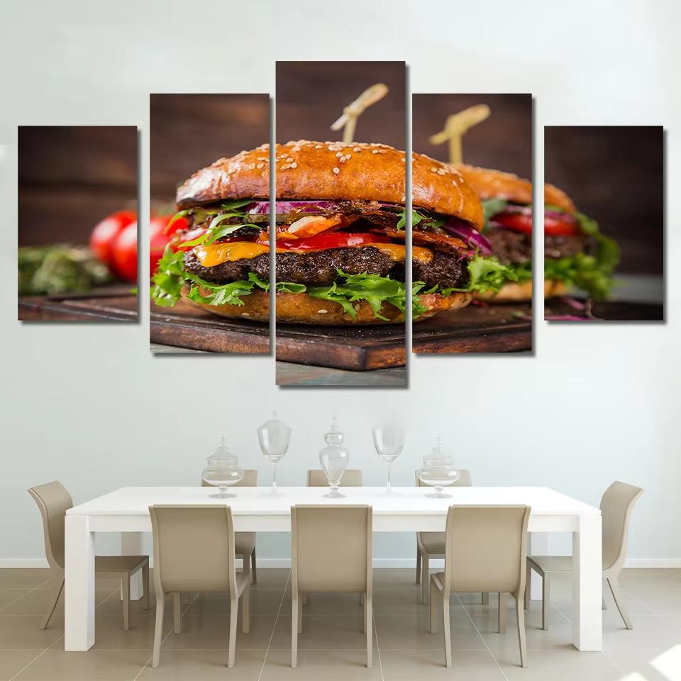 5 Panel Cheesy Beef Burgers HD Pictures Canvas Painting Delicious Fast Food Hamburger Posters for Dinning Room Wall Decor Quadro