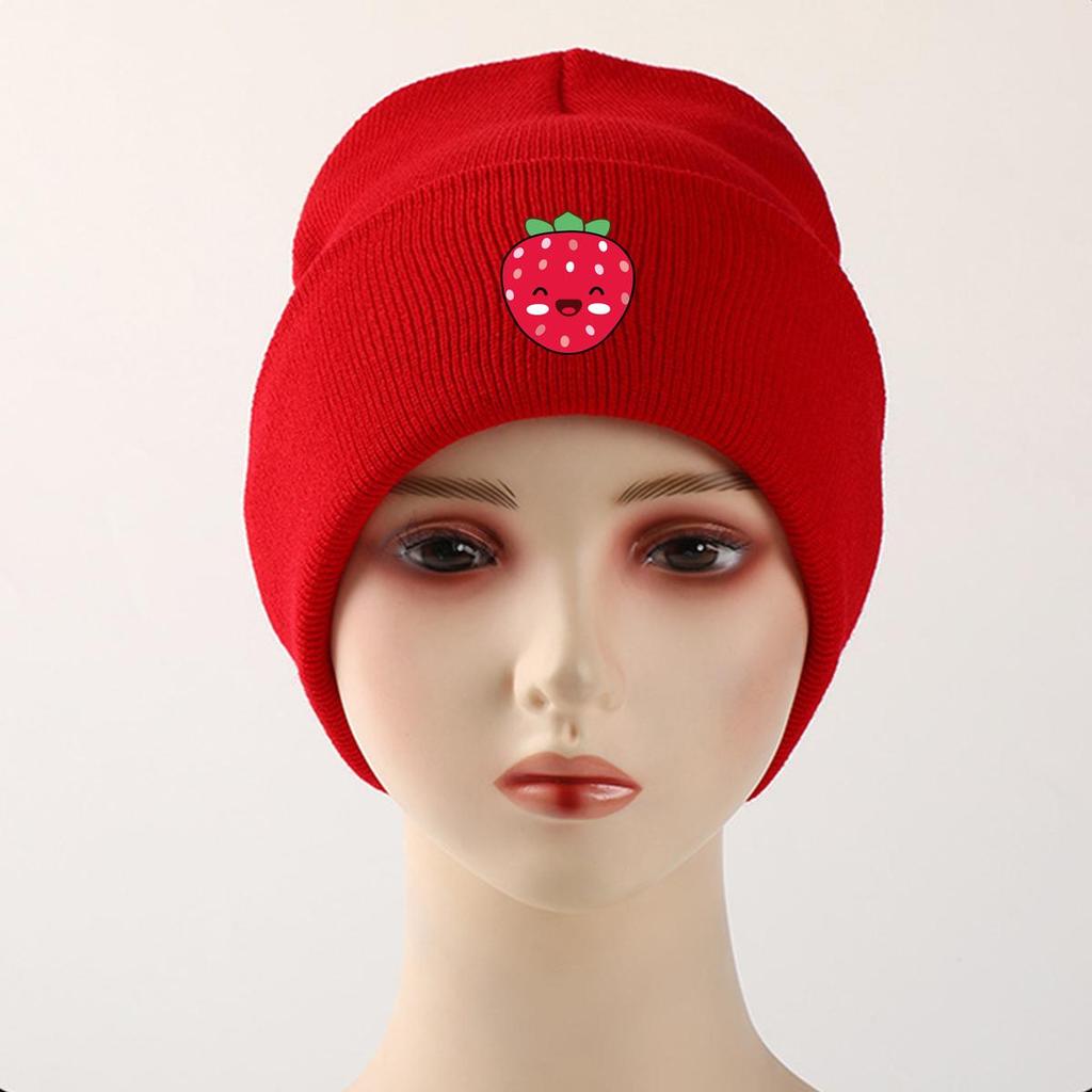 Strawberries Winter Knit Cap Beanie, Cartoon Fruit Skullies Beanies Autumn Versatile Trendy Headwear Knitted Cap Beanie