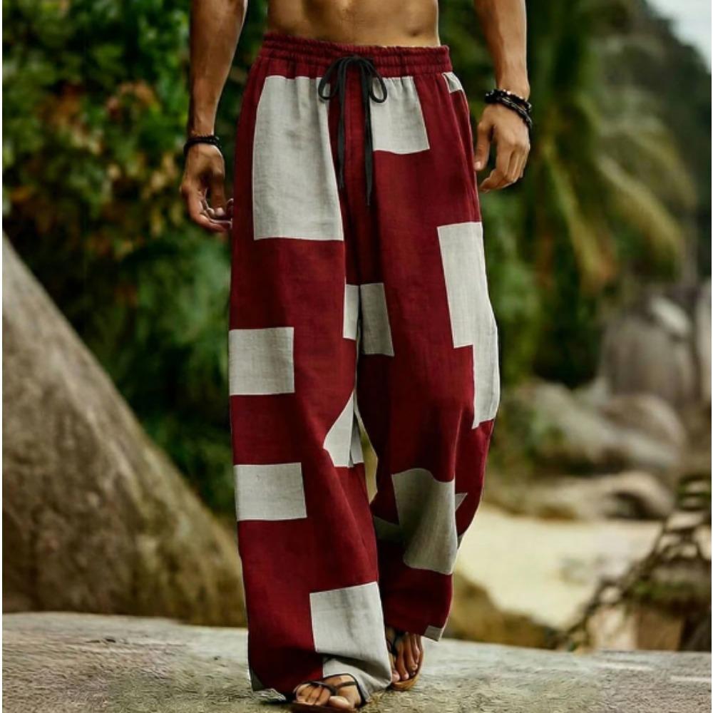 Men's 3D Geometric Pattern Printed Baggy Casual Trousers,  Elastic Drawstring Waist with Pockets, for Spring Summer Home Outdoor Vacation