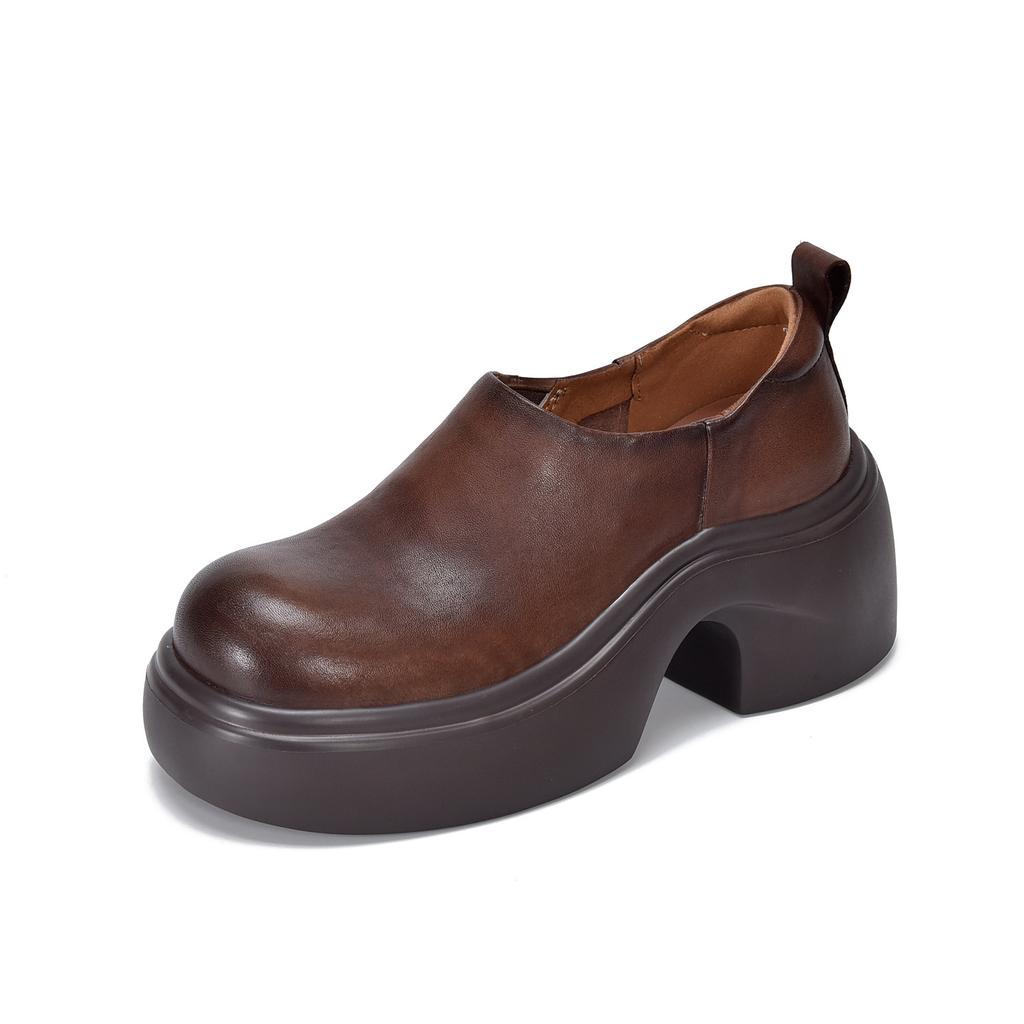 Johnature Lightweight Thick Soled Genuine Leather High-heeled Pumps Versatile Round Toe Women's Platform Shoes