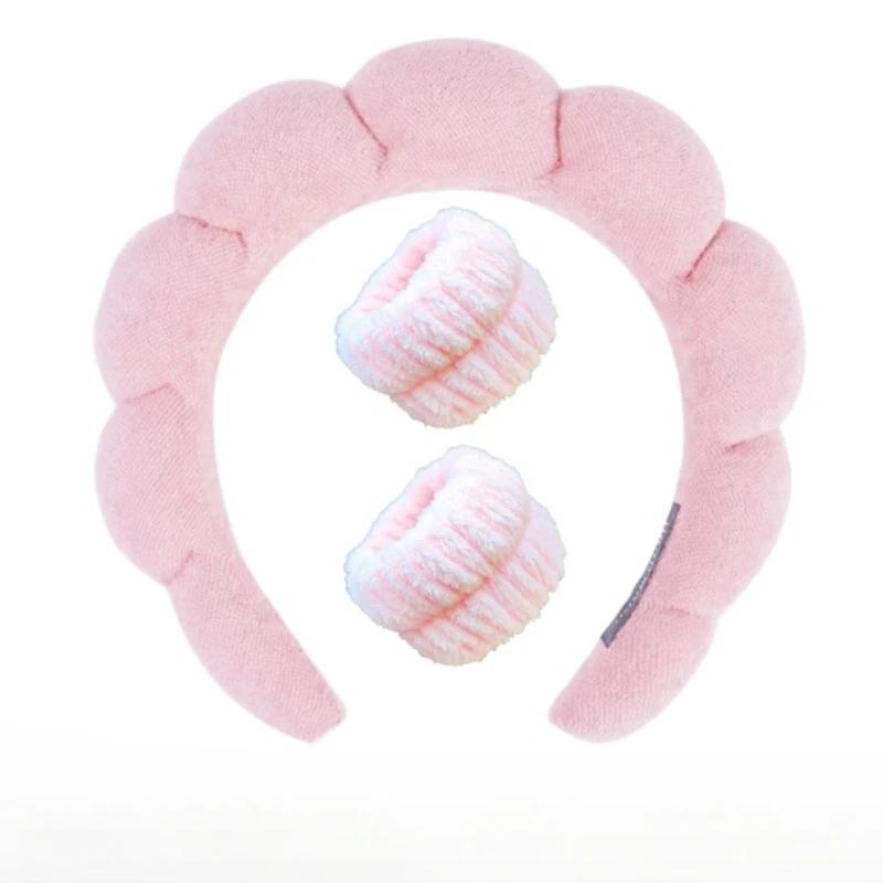3pcs Sponge Spa Headband with Wristbands for Washing Face Wide Padded Headband Skin Care Makeup Removal Shower for Women Girls