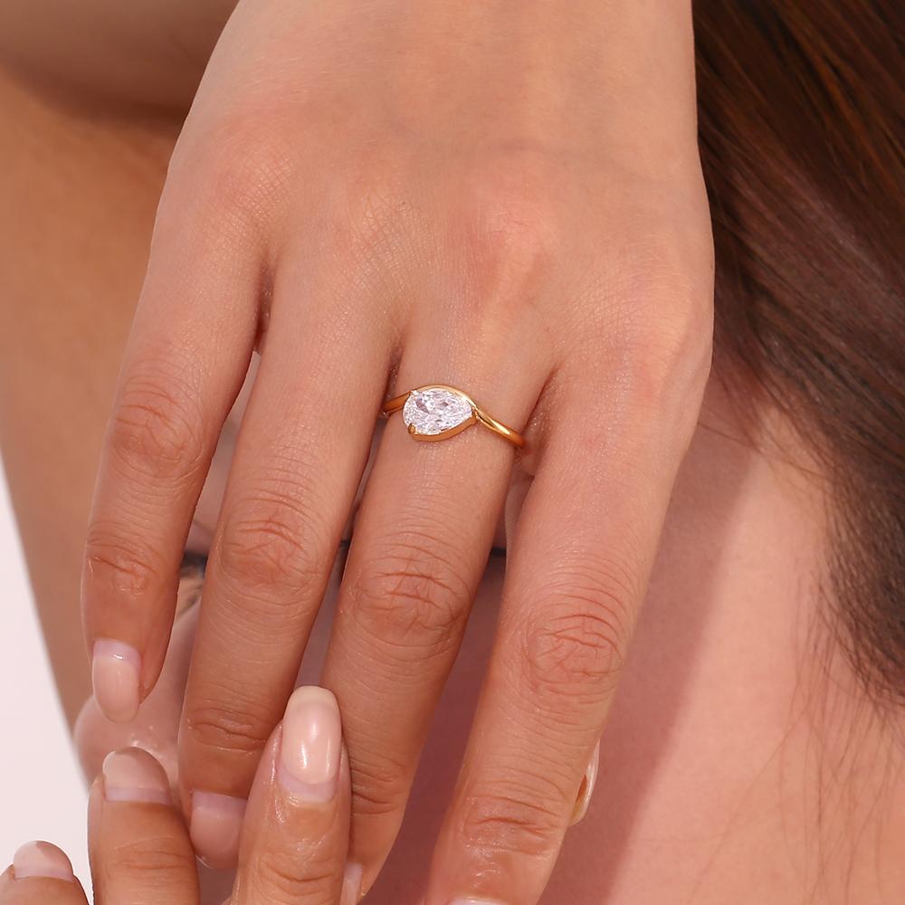 E.B.belle Wave Drop Round Zircon Ring Waterproof Minimalist 316L Stainless Steel Women's Rings 18K Gold Plated Accessories