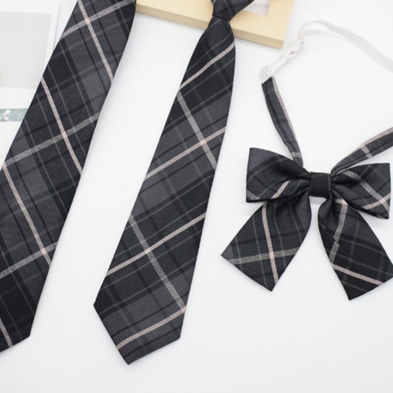 JK Gray Checkered Neck Tie Pre-Tied Bowtie for School Uniform Formal Business