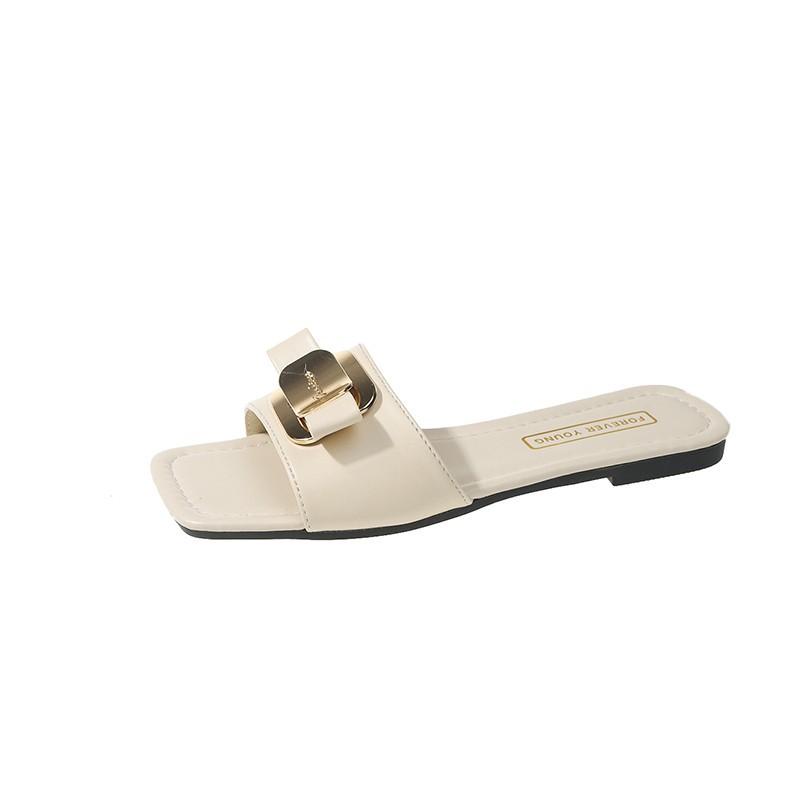 Large Size Metal Sheet Decorative Flat-Bottomed Slippers Women'S Square Head Open-Toed Versatile One-Word Niche Slippers