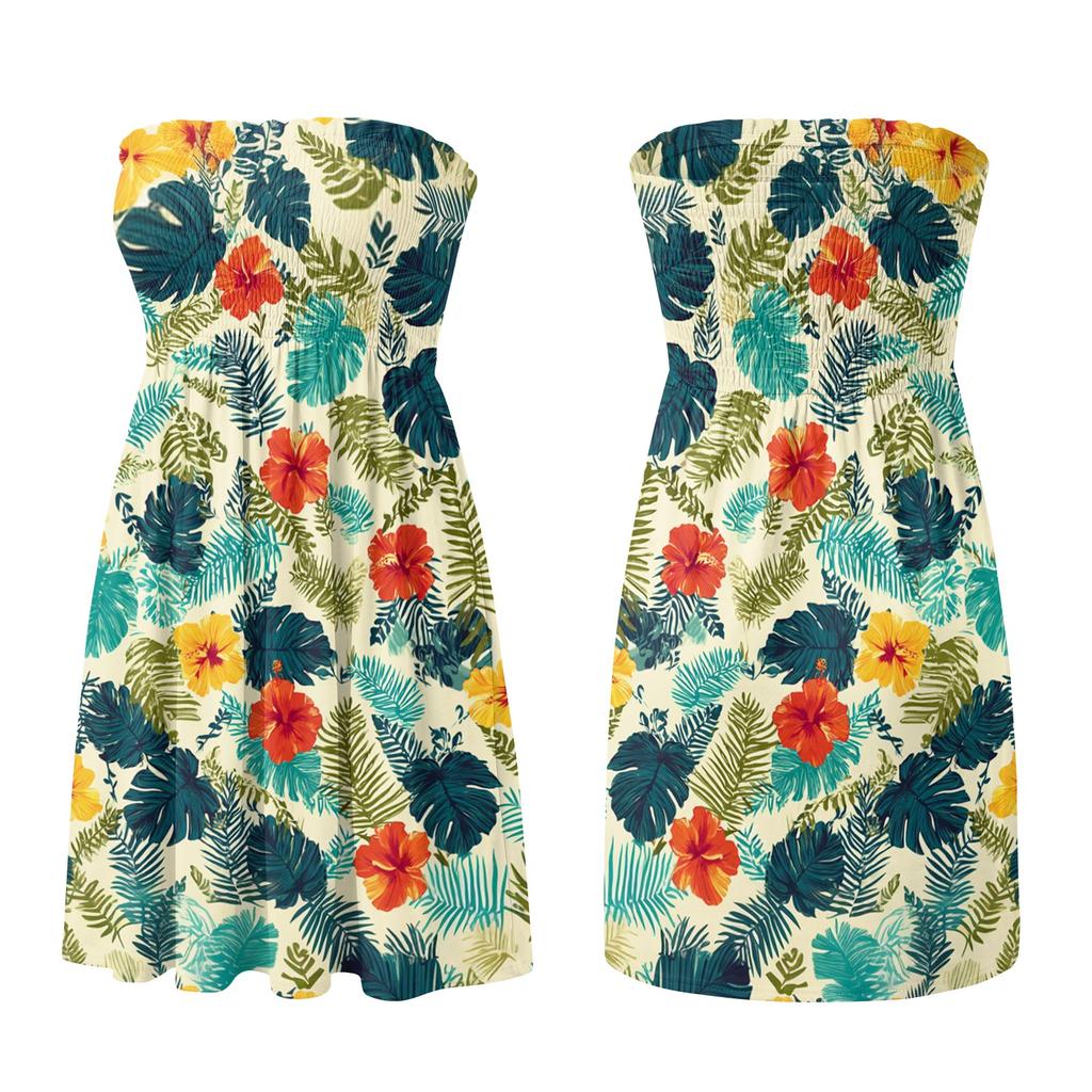 Women's Casual Strapless Sundress Sleeveless Floral Print Smocked Bodice Summer Beach Dress Lightweight Relaxed Fit