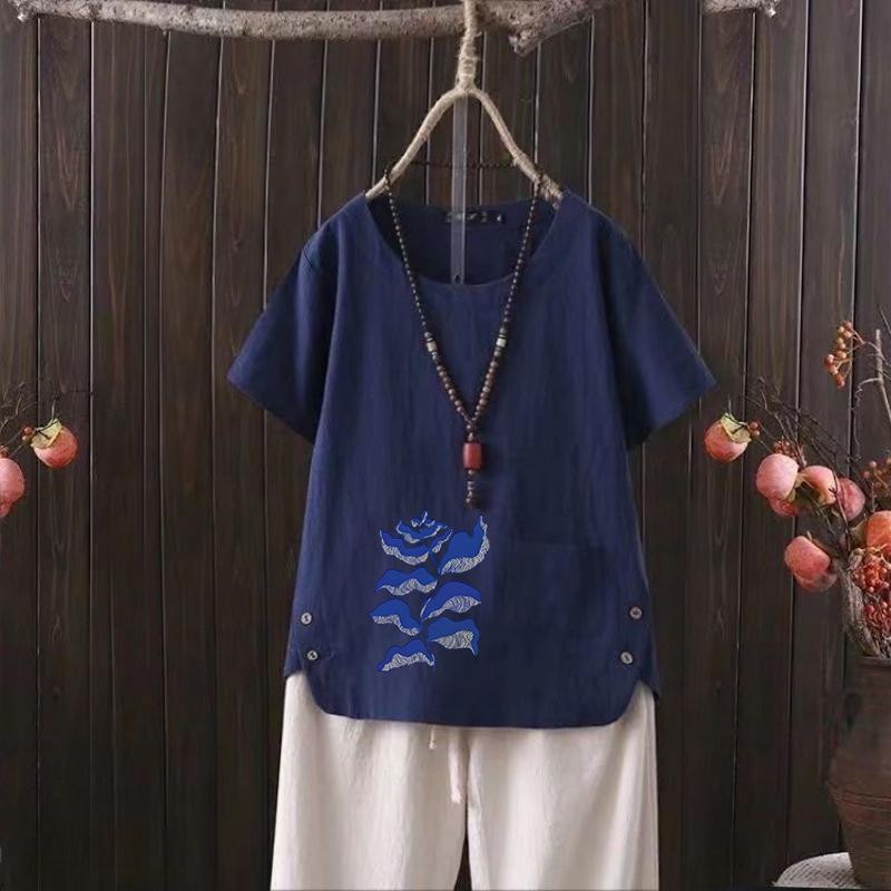 

Футболка из хлопка и конопли с графическим принтом в скандинавском стиле для женщин - легкая летняя мода 2025 года 4XL темно-синий