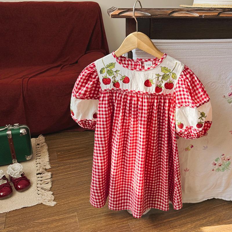 Girls Summer Puff Sleeve Strawberry Print Block Plaid Loose Princess Dress Casual Cute Party Wear For Kids 100cm