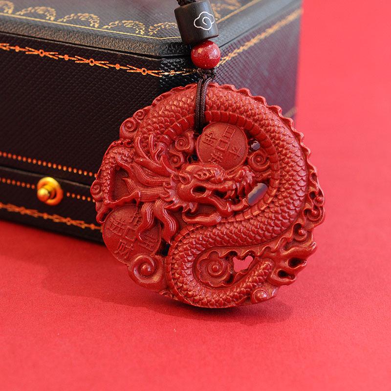 Cinnabar Vermilion Dragon Pendant: Auspicious Openwork Design for Peace and Prosperity