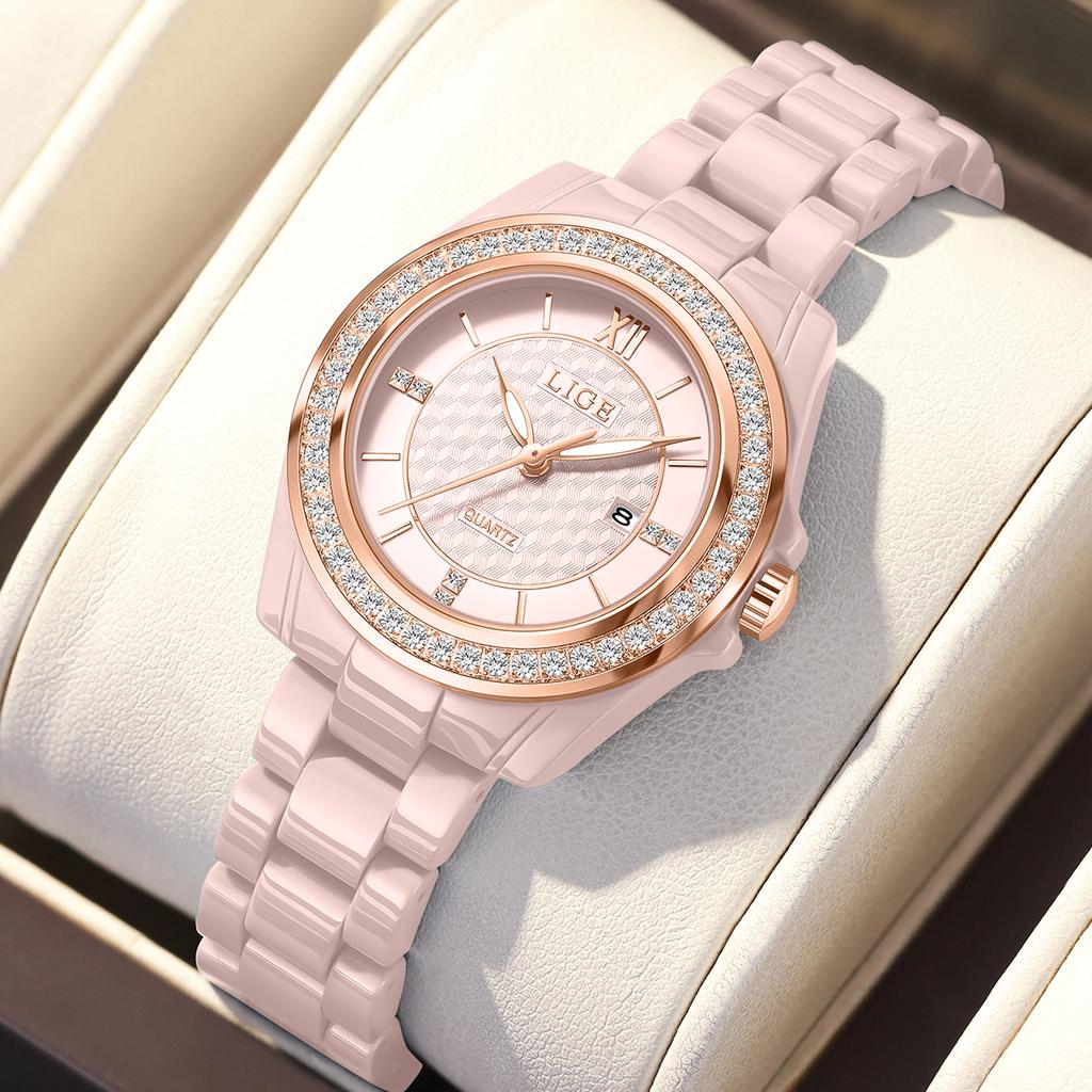 LIGE Women's Watch New Ceramic Elegant Quartz Watch Fashion Waterproof Luminous Clock Women's Wristwatch Montre Femme+BOX