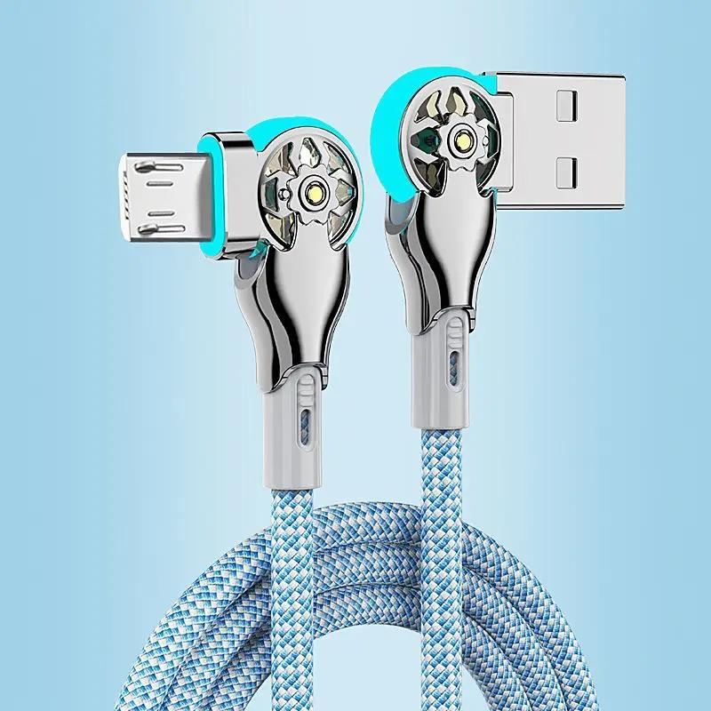180 Rotatable USB A To Type C Fast Charging Cable 3A Data Sync Braided Cord Zinc Alloy Plug with Light for Android iOS