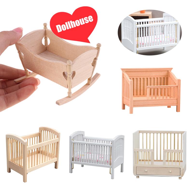 1Pcs Dollhouse Miniature Wooden Furniture Shaker Cradle Baby Bed Model Toys Nursery Simulation Crib Dolls Home Deccor Accessory