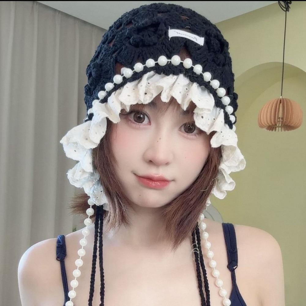 Hand-knitted Knitted Pearl Lace Beanies Breathable Fringed Hollow Flowers Hat Soft Bohemian Style Crochet Hat