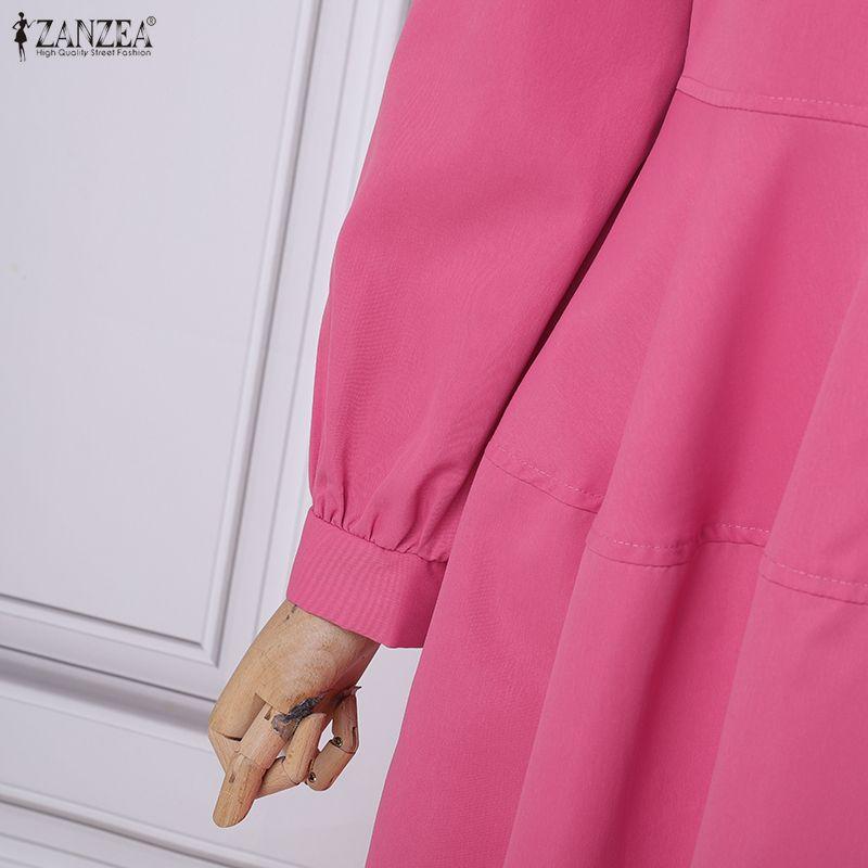 ZANZEA Women Round Neck Solid Color Long Sleeve Loose Casual Pleated Long Dress