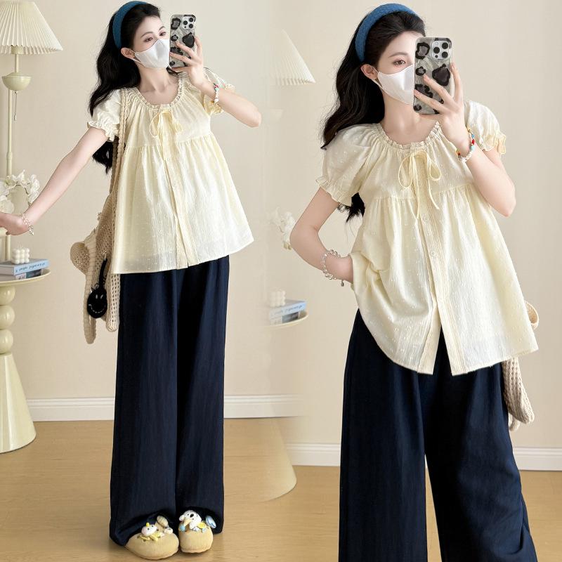 2026 Summer Maternity Crochet Cotton Top & Tencel Denim Wide-Leg Pants Set M